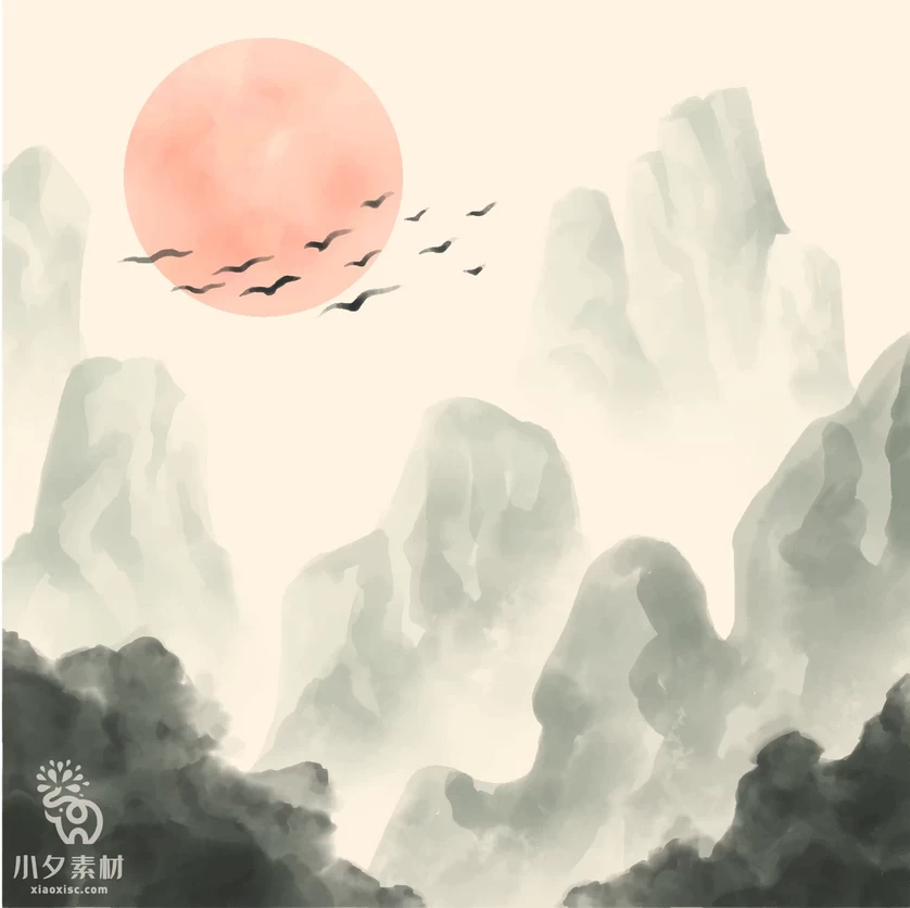 中国风中式禅意水彩水墨山水风景国画背景图案插画AI矢量设计素材【002】